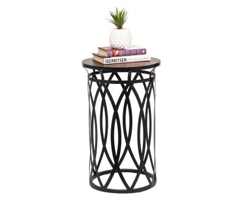 Black Round Iron Side Table with Cross Legs and Copper Finish Top