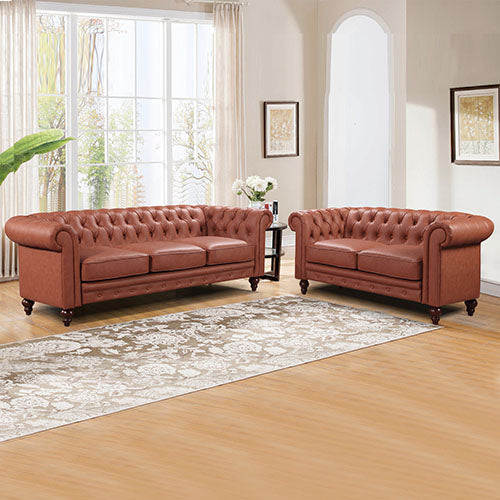 2 Seater 3 Seater Brown Sofa Lounge Set Button Tufted in Faux Leather