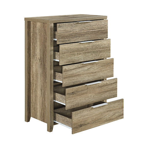 Tallboy with 5 Storage Drawers Natural Wood like MDF in Oak Colour