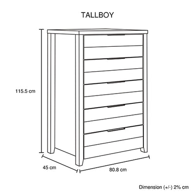 Tallboy with 5 Storage Drawers Natural Wood like MDF in Oak Colour