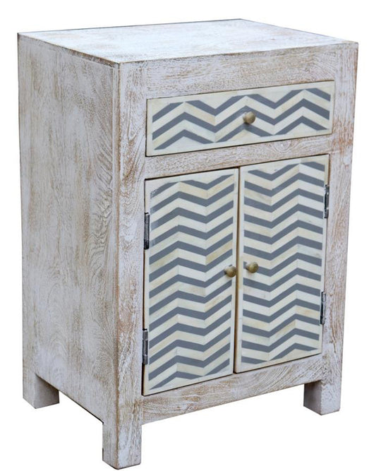 2 drawer whitewashed bedside cabinet with Grey/White bone chevron design