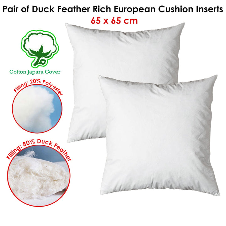 Pair of Duck Feather Rich Fill European Cushion Inserter 65 x 65 cm