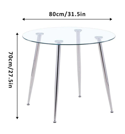 Glass Dining Table, Modern Round Kitchen Table, Modern Dinner Table with Spacious Tempered Glass Tabletop & Chromed Legs for Home & Office, 80x70cm