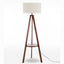 Natural Wooden Tripod Floor Lamp w/ Round Shelf + Off White Linen Shade - Cherry