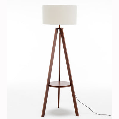 Natural Wooden Tripod Floor Lamp w/ Round Shelf + Off White Linen Shade - Cherry