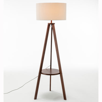 Natural Wooden Tripod Floor Lamp w/ Round Shelf + Off White Linen Shade - Cherry