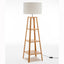 Eiffel 3 Tier Natural Wood Floor Lamp w/ Storage Shelves + Off White Linen Shade