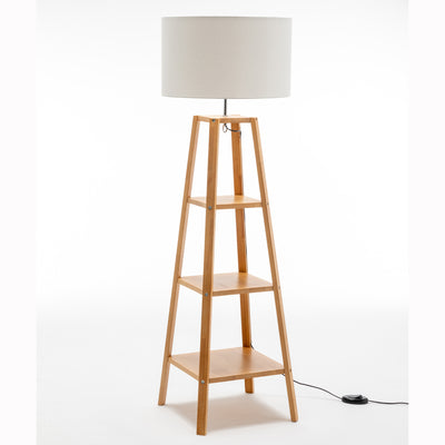 Eiffel 3 Tier Natural Wood Floor Lamp w/ Storage Shelves + Off White Linen Shade