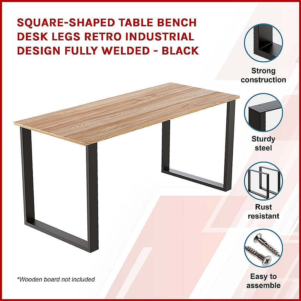 Square-Shaped Table Bench Desk Legs Retro Industrial Design Fully Welded - Black