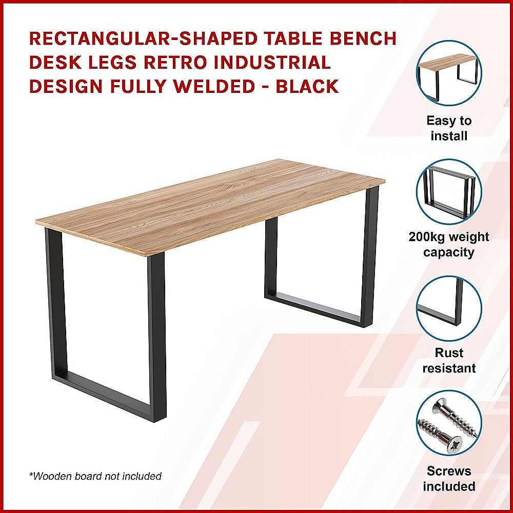 Rectangular-Shaped Table Bench Desk Legs Retro Industrial Design Fully Welded - Black