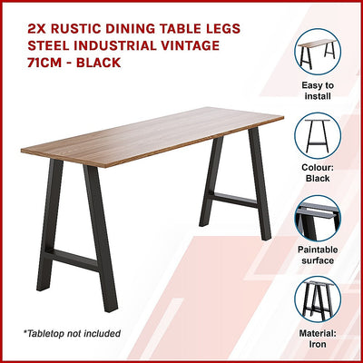 2x Rustic Dining Table Legs Steel Industrial Vintage 71cm - Black