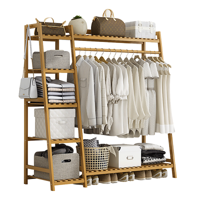 Portable Clothes Rack Coat Garment Stand Bamboo Rail Hanger Airer Closet