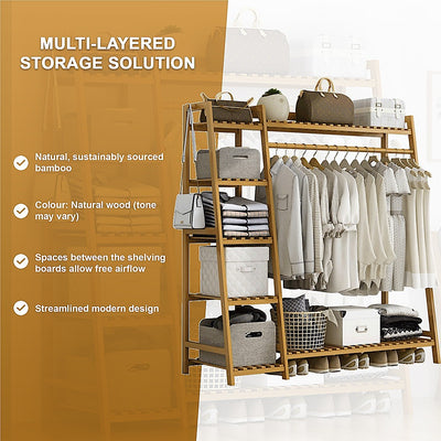 Portable Clothes Rack Coat Garment Stand Bamboo Rail Hanger Airer Closet