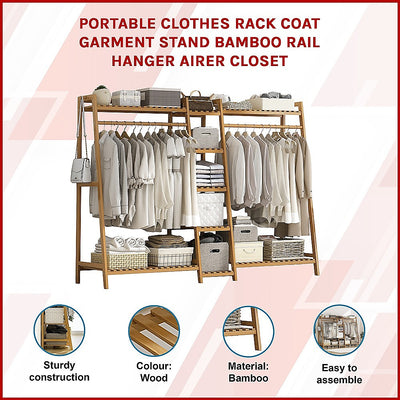 Portable Clothes Rack Coat Garment Stand Bamboo Rail Hanger Airer Closet