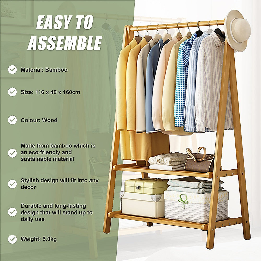 Portable Clothes Rack Coat Garment Stand Bamboo Rail Hanger Airer Closet