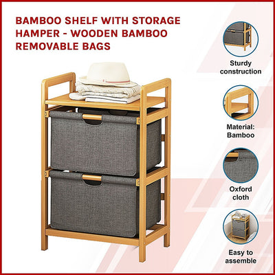 Bamboo Shelf with Storage Hamper - Wooden Bamboo Removable Bags