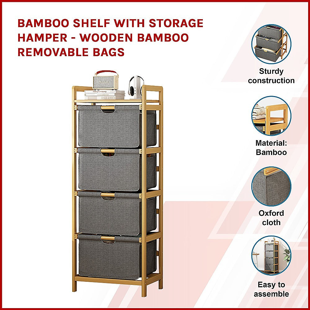 Bamboo Shelf with Storage Hamper - Wooden Bamboo Removable Bags