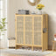 Modern Bamboo Shoe Rack Storage Cabinet with 3 Woven Rattan Doors, 5-Tier Shoe Organizer Shelf Cupboard for Entryway, Hallway, Bedroom - Natural Wood