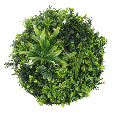 Flowering White Artificial Green Wall Disc UV Resistant 100cm (Black Frame)