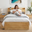 King Single Bed Frame with 2 Drawers Platform Bed with Headboard Bed Base with USB Ports Natural