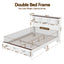 Double Bed Frame with Storage Bookcase Headboard and Footboard White Wooden Platform Bed with Charging Station and Led Light Bedroom Furniture