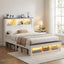 Queen Bed Frame with Storage Bookcase Headboard and Footboard White Wooden Platform Bed with Charging Station and Led Light Bedroom Furniture