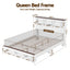 Queen Bed Frame with Storage Bookcase Headboard and Footboard White Wooden Platform Bed with Charging Station and Led Light Bedroom Furniture