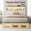 Queen Bed Frame with Storage Bookcase Headboard and Footboard White Wooden Platform Bed with Charging Station and Led Light Bedroom Furniture