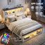 Queen Bed Frame with Storage Bookcase Headboard and Footboard White Wooden Platform Bed with Charging Station and Led Light Bedroom Furniture