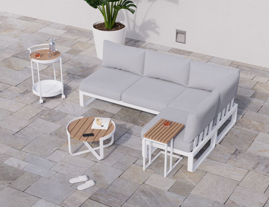 Fino Config C - Outdoor Modular Sofa in Matt White aluminium with Light Grey Cushions