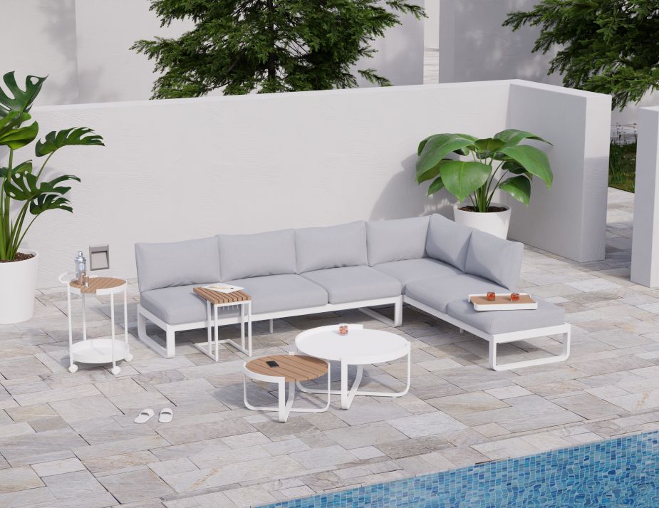 Fino Config E - Outdoor Modular Sofa in Matt White aluminium with Light Grey Cushions