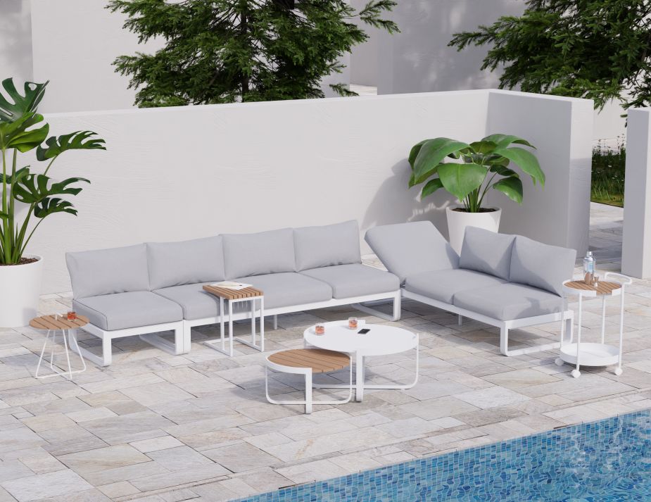 Fino Config F - Outdoor Modular Sofa in Matt White aluminium with Light Grey Cushions