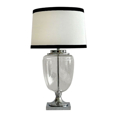 Charlotte Glass and Nickel Lamp with White Linen Shade (Black Trim)