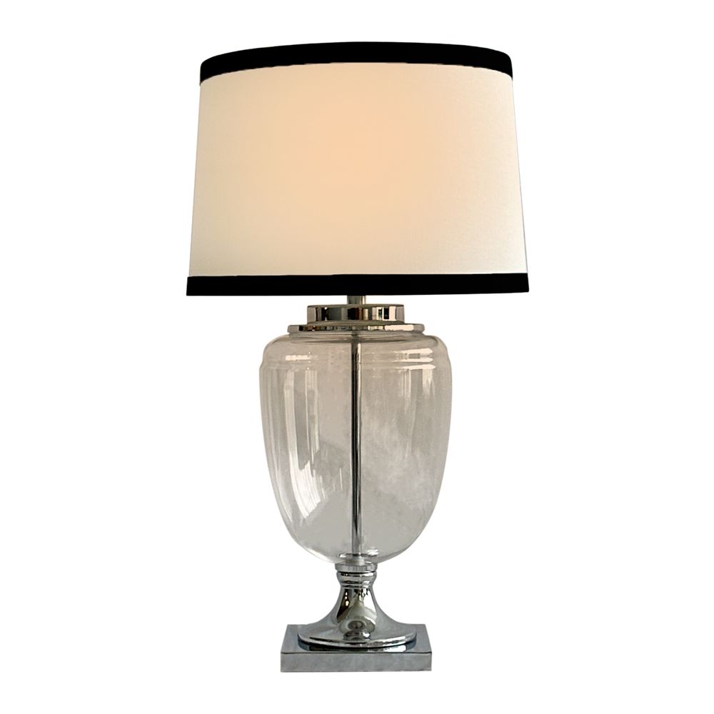 Charlotte Glass and Nickel Lamp with White Linen Shade (Black Trim)