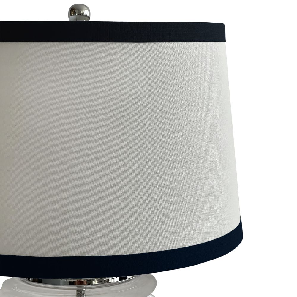 Charlotte Glass and Nickel Lamp with White Linen Shade (Black Trim)