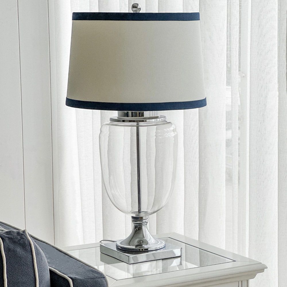 Charlotte Glass and Nickel Lamp with White Linen Shade (Navy Trim)