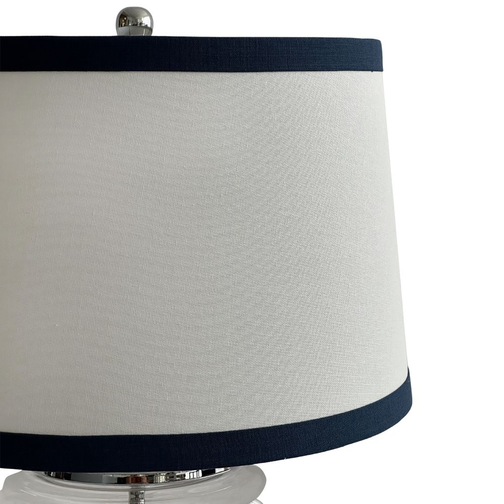 Charlotte Glass and Nickel Lamp with White Linen Shade (Navy Trim)