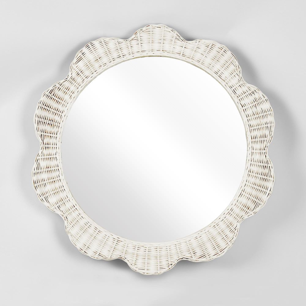 Belle Rattan Scallop Round Mirror White