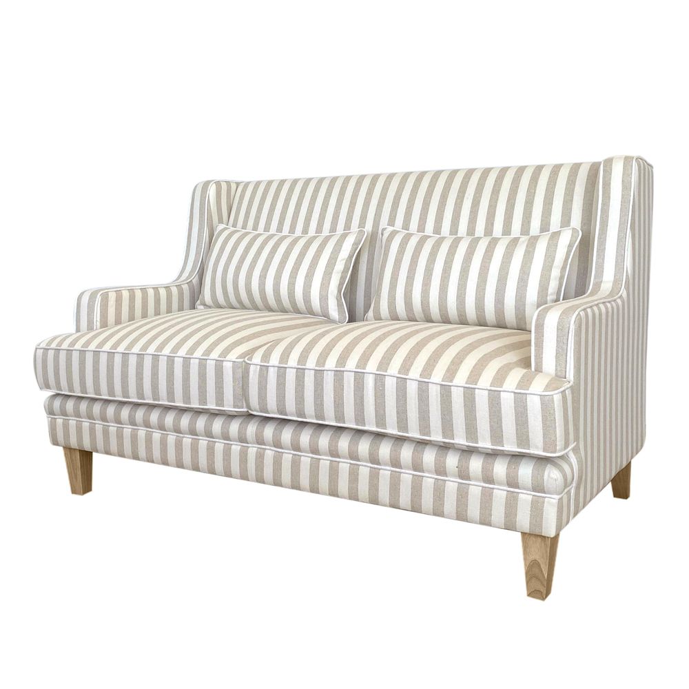 Bondi Hamptons 2 Seat Sofa Natural Stripe W/White Piping