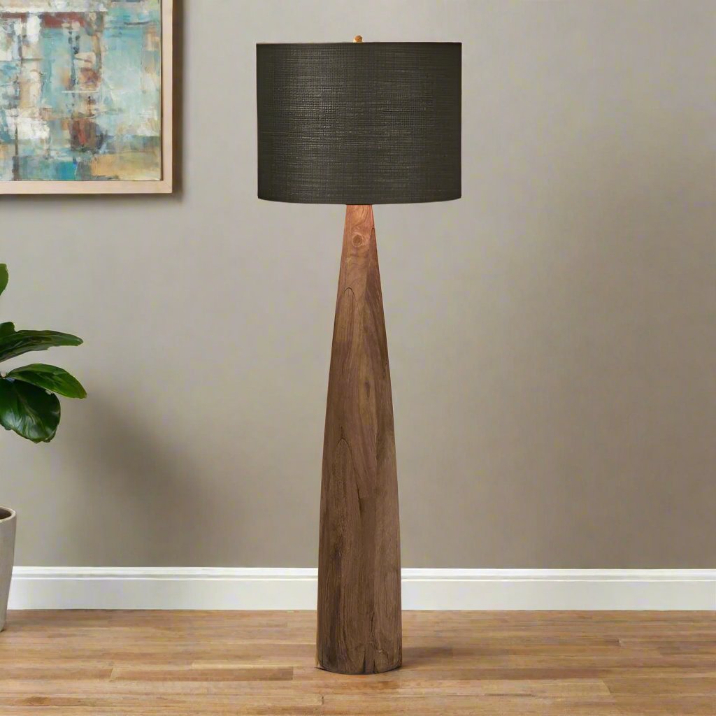 Samson Wood Floor Lamp Saddle Base with Black Shade