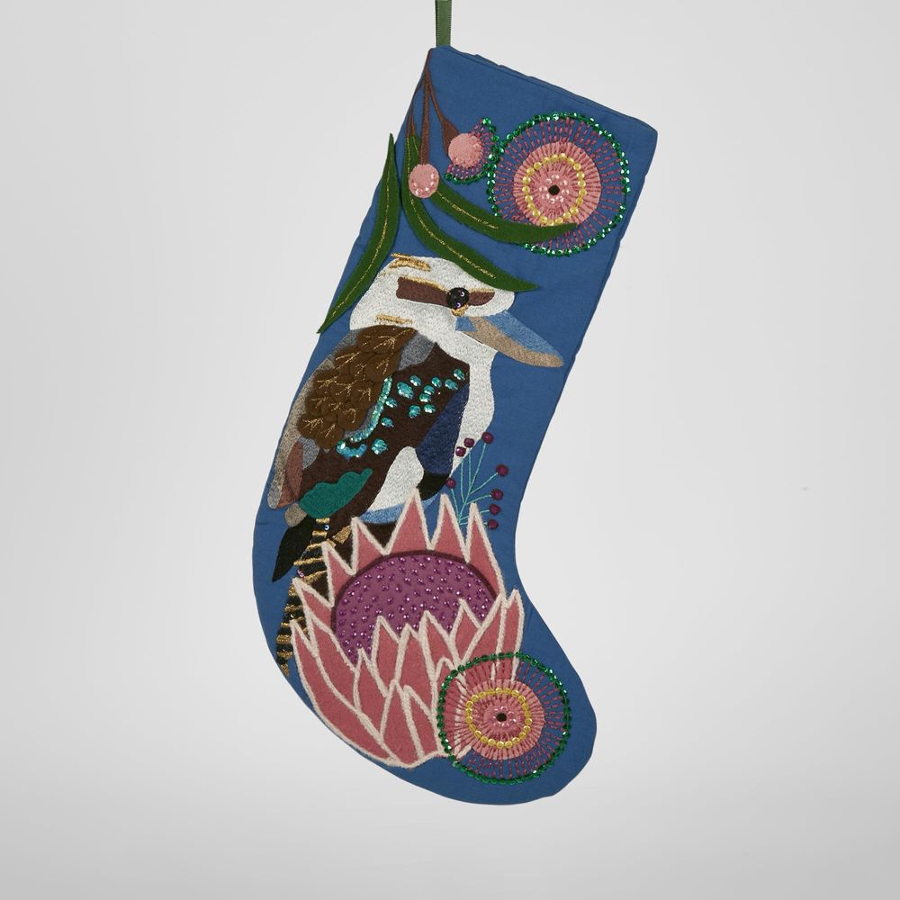 Kookaburra Embroidered Stocking Blue