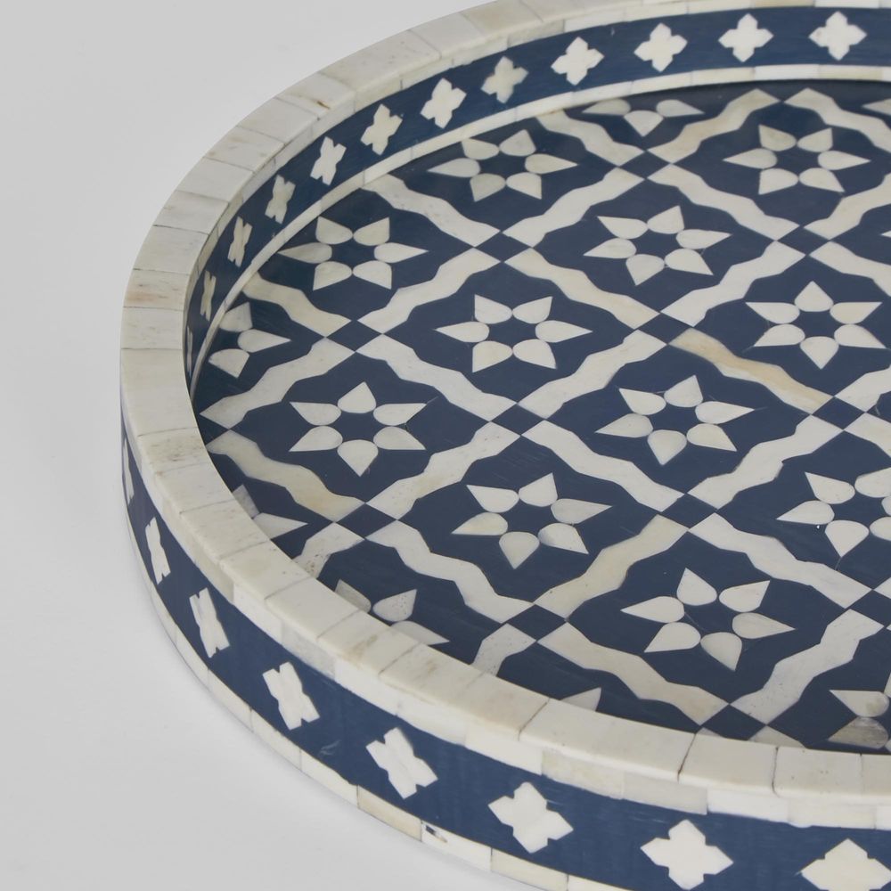 Anaahi Round Bone Inlay Tray Blue/White