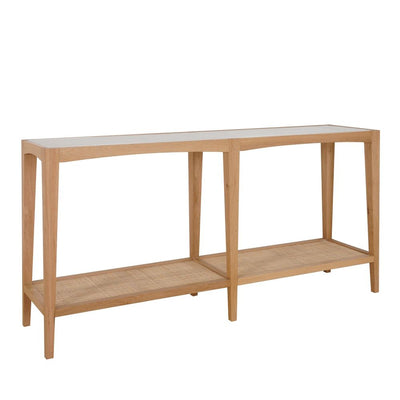 Mila Natural Oak Console With Rattan Base And Glass Top 152Cm