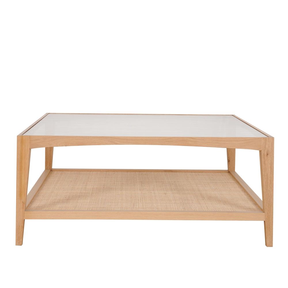 Mila Natural Oak Coffee Table With Rattan Base And Glass Top 100Cm