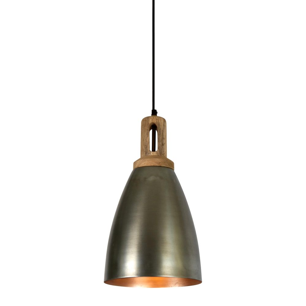 Lewis - Zinc - Tall Dome Pendant Light With Wooden Top