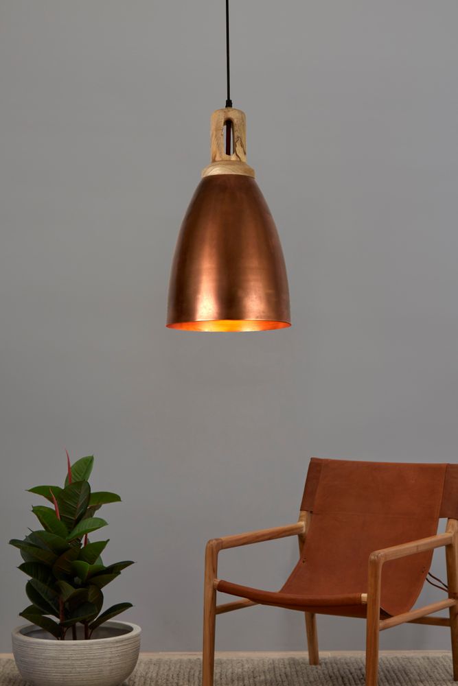 Lewis - Antique Copper - Tall Dome Pendant Light With Wooden Top