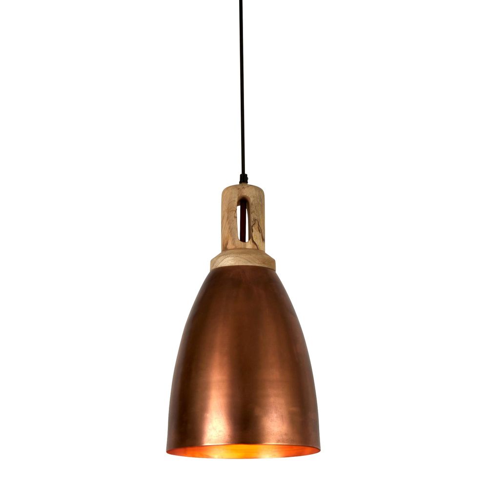 Lewis - Antique Copper - Tall Dome Pendant Light With Wooden Top