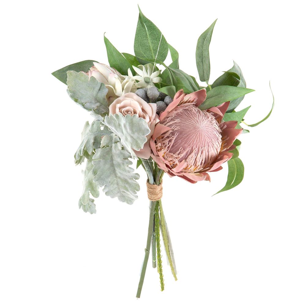 Artificial Protea Rose Dusty Miller Mix Bouquet 40cm Pink