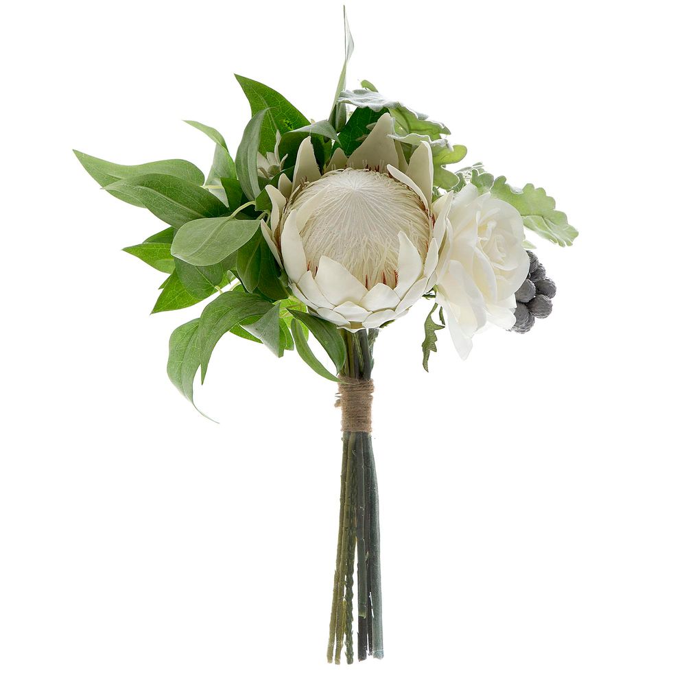 Artificial Protea Rose Dusty Miller Mix Bouquet 40cm White