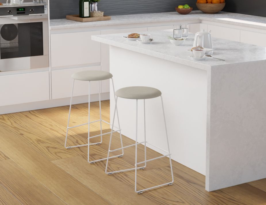 Hugo Bar Stool - White - Fabric Seat - 67cm Kitchen Height - Light Grey Fabric Seat